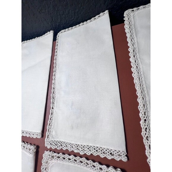 Vintage Handmade White Linen Embroidered 11 " Napkins Lace Trim Set of 6 - Picture 7 of 11